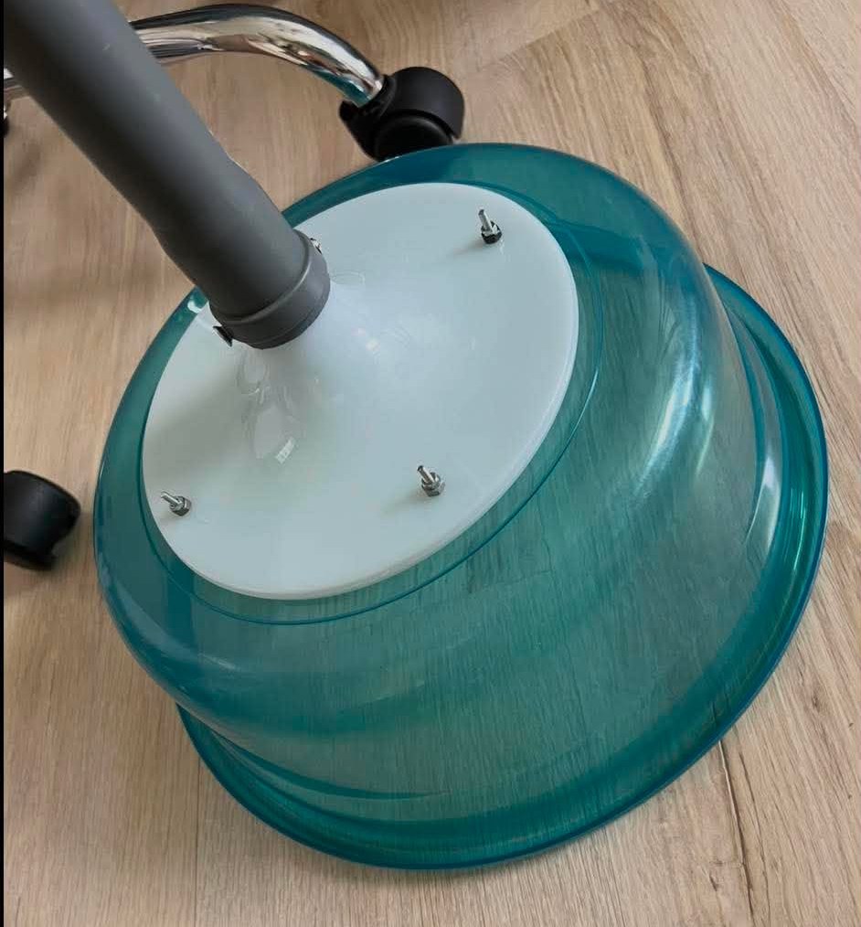 DIY mounting plate attaching a plastic basin to the stand