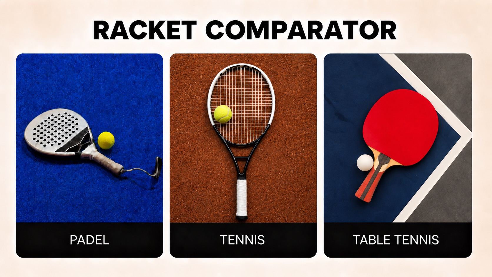 Three sport cards: padel, tennis and table tennis.